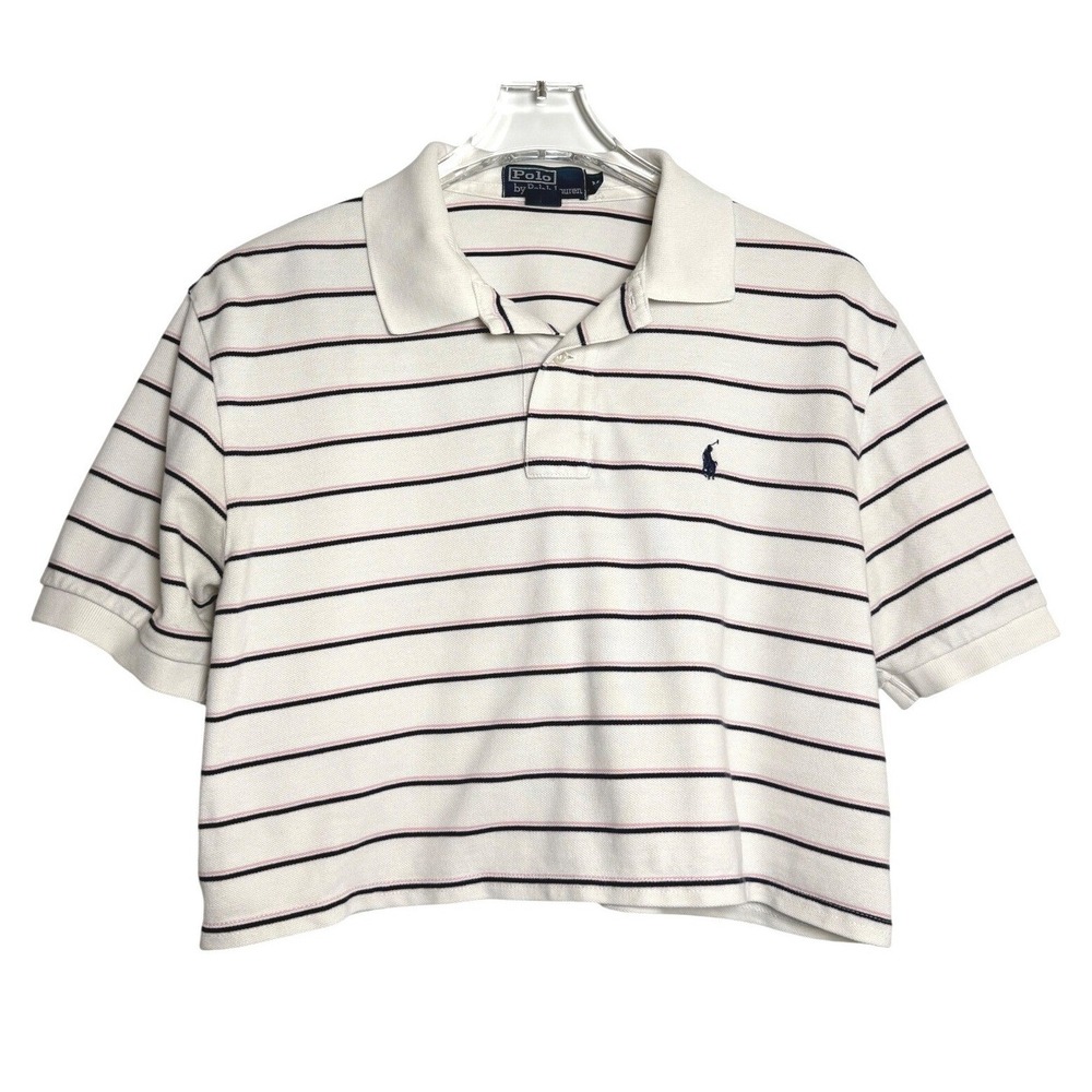 Polo Ralph Lauren Cropped Polo Shirt Womens M White Striped Short Sleeve Cotton